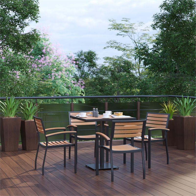 Afuera Living 5-Piece Faux Teak Patio Table and Stackable Chair Set in Brown