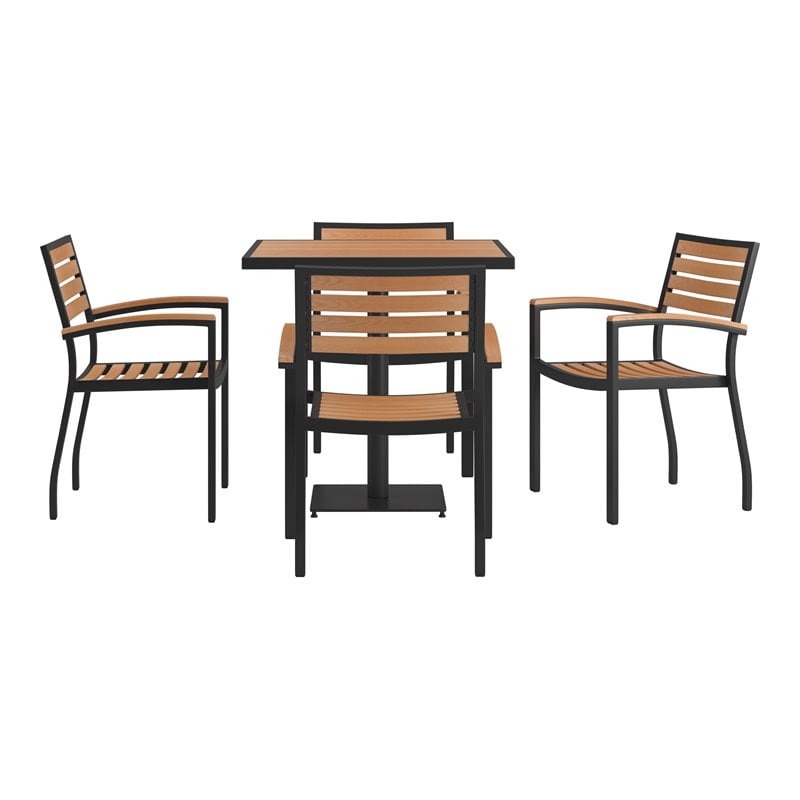 Afuera Living 5-Piece Faux Teak Patio Table and Stackable Chair Set in Brown