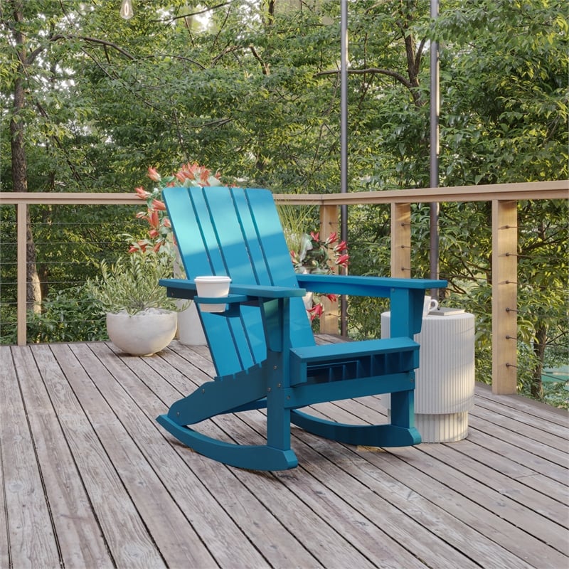 Afuera Living Plastic Rocking Adirondack Chair with Cupholder in Blue