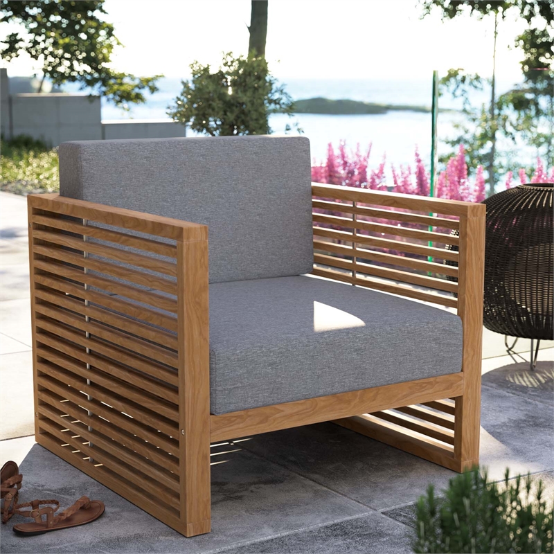 Afuera Living Modern Teak Wood Outdoor Armchair in Gray and Natural