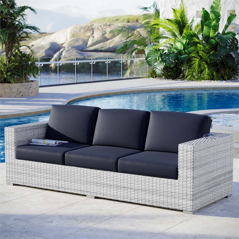 Afuera Living Fabric and Rattan Patio Sofa in Light Gray with Navy Cushions