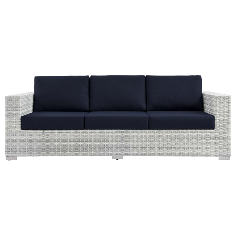 Afuera Living Fabric and Rattan Patio Sofa in Light Gray with Navy Cushions