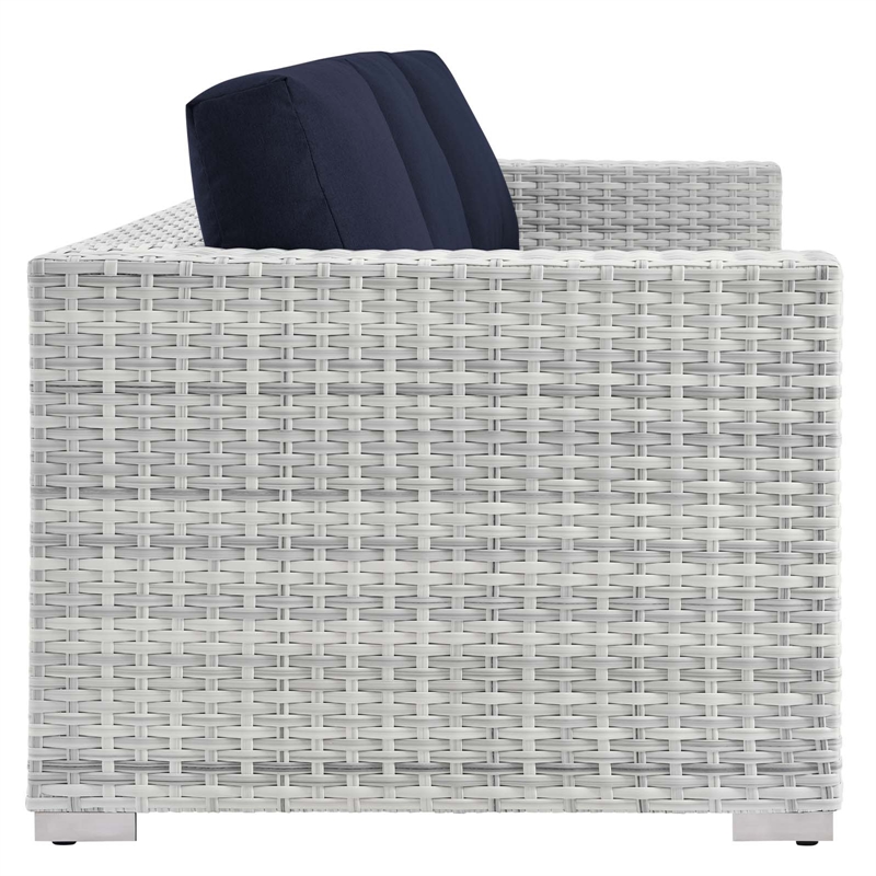 Afuera Living Fabric and Rattan Patio Sofa in Light Gray with Navy Cushions
