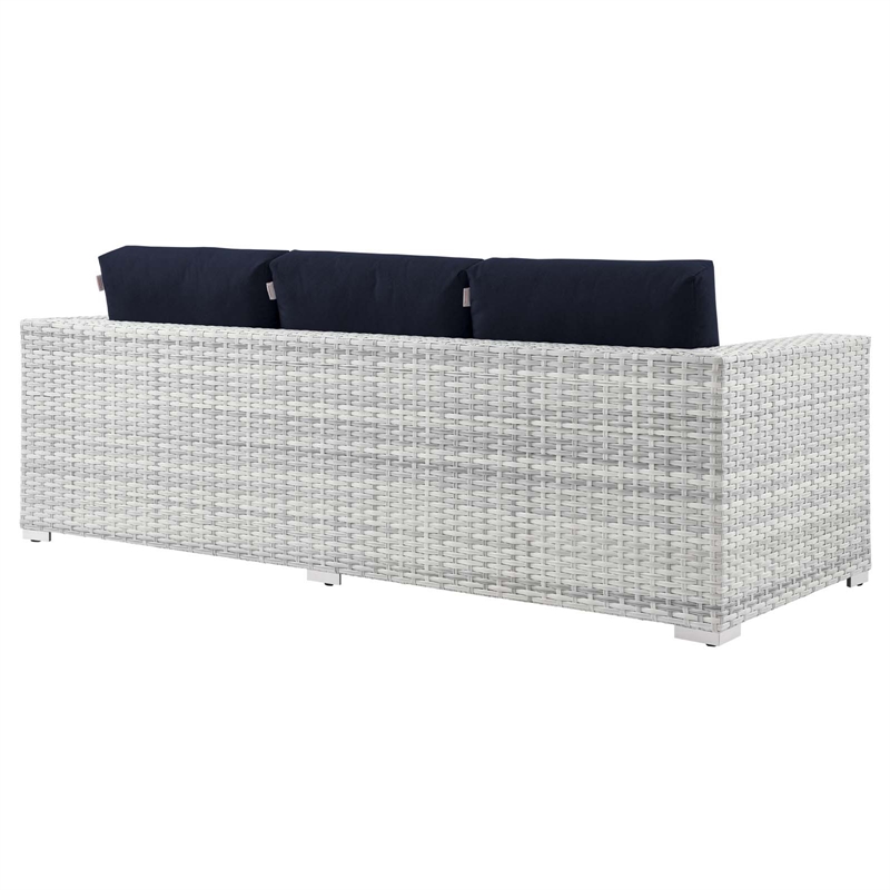 Afuera Living Fabric and Rattan Patio Sofa in Light Gray with Navy Cushions