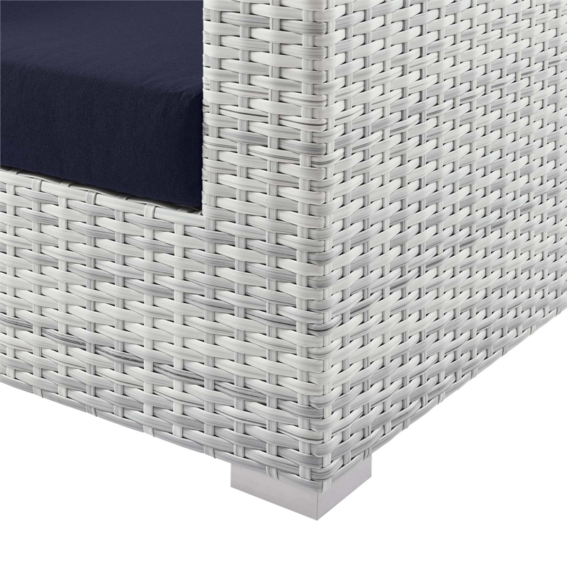 Afuera Living Fabric and Rattan Patio Sofa in Light Gray with Navy Cushions