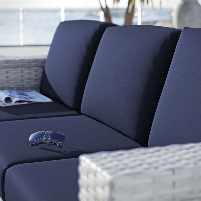 Afuera Living Fabric and Rattan Patio Sofa in Light Gray with Navy Cushions