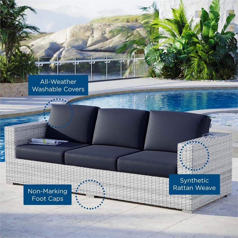Afuera Living Fabric and Rattan Patio Sofa in Light Gray with Navy Cushions