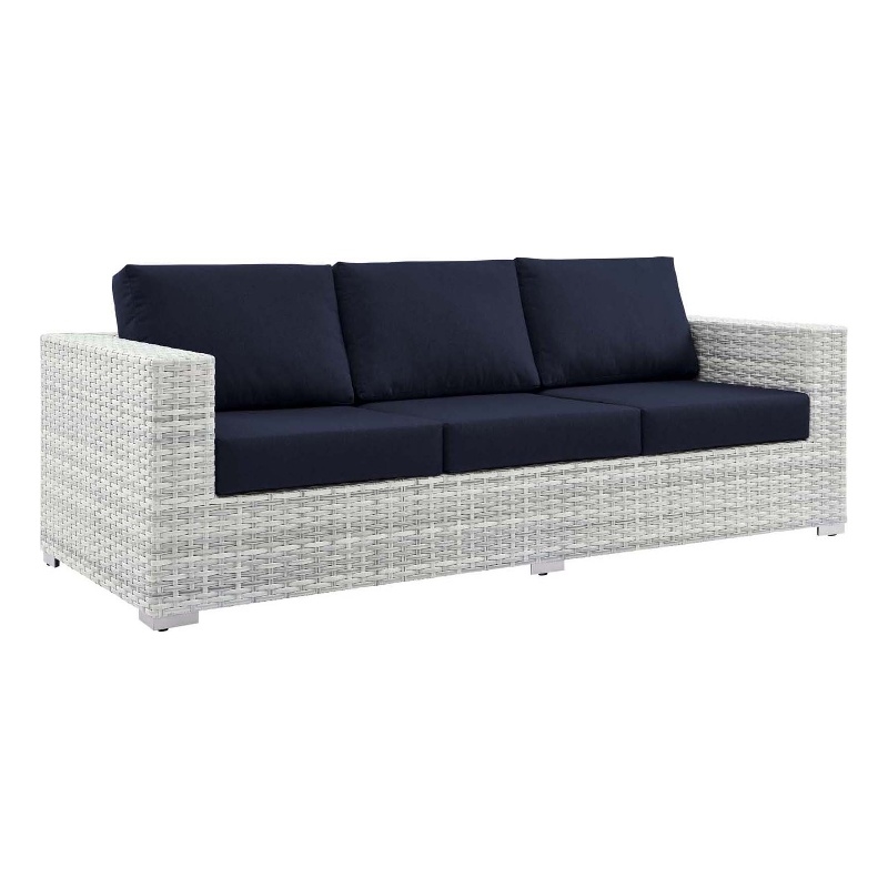 Afuera Living Fabric and Rattan Patio Sofa in Light Gray with Navy Cushions