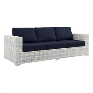 Afuera Living Fabric and Rattan Patio Sofa in Light Gray with Navy Cushions