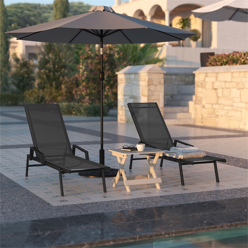 Afuera Living Metal Chaise Lounge Chair with Arms in Black/Black
