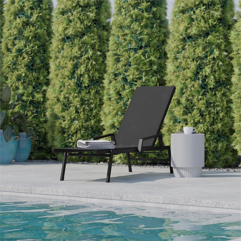 Afuera Living Metal Chaise Lounge Chair with Arms in Black/Black