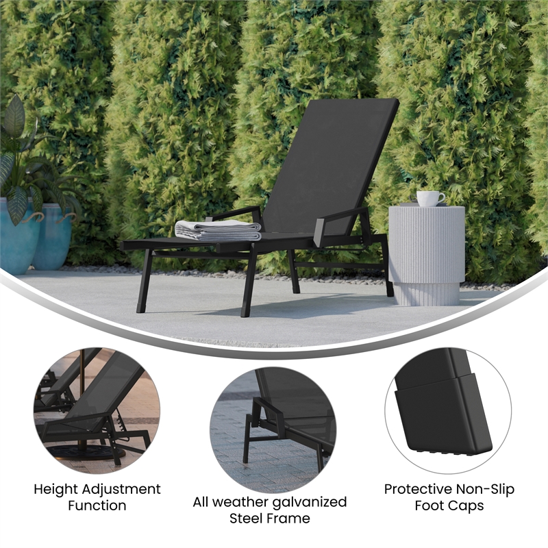 Afuera Living Metal Chaise Lounge Chair with Arms in Black/Black