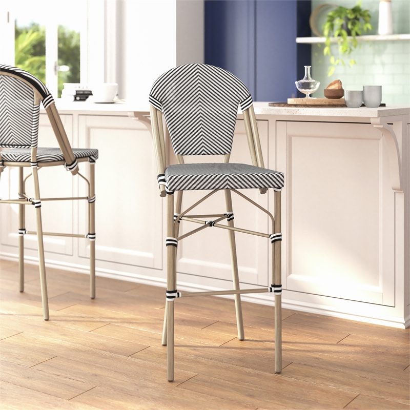 Afuera Living 30.25 in Fabric Bistro Chair Set White/Black Bamboo Metal