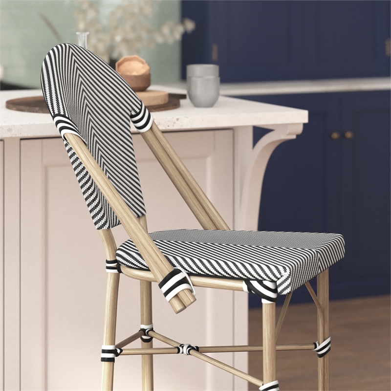 Afuera Living 30.25 in Fabric Bistro Chair Set White/Black Bamboo Metal