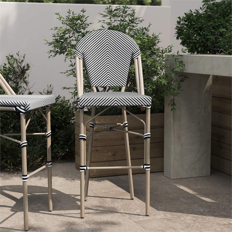 Afuera Living 30.25 in Fabric Bistro Chair Set White/Black Bamboo Metal