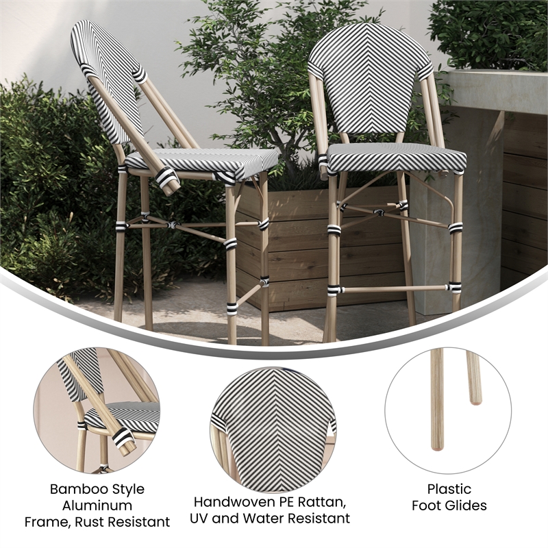 Afuera Living 30.25 in Fabric Bistro Chair Set White/Black Bamboo Metal