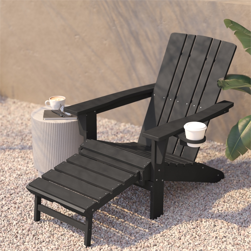 Afuera Living Plastic Adirondack Chair with Ottoman and Cupholder in Gray