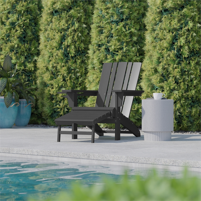 Afuera Living Plastic Adirondack Chair with Ottoman and Cupholder in Gray