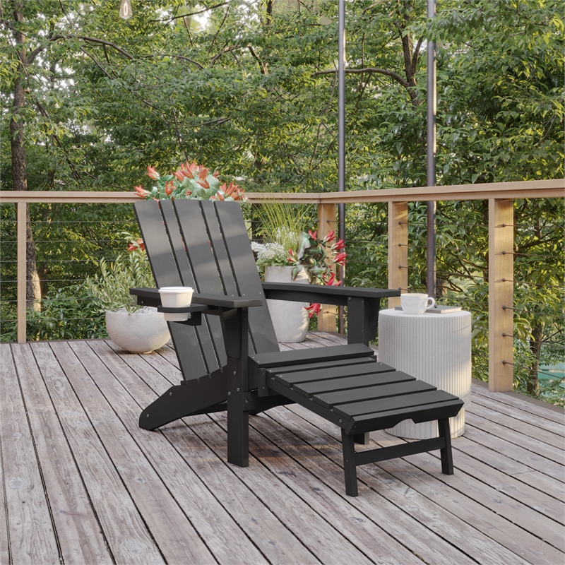 Afuera Living Plastic Adirondack Chair with Ottoman and Cupholder in Gray