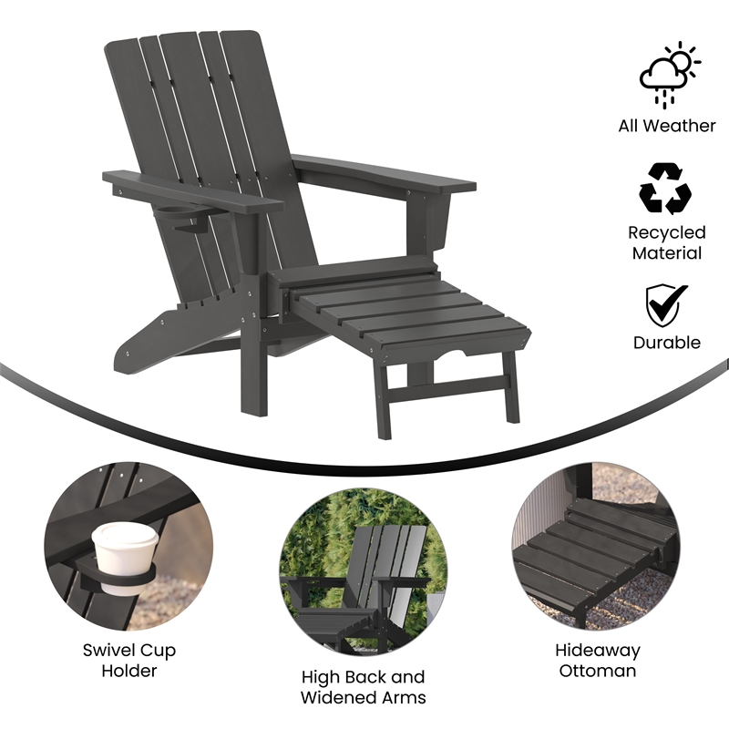 Afuera Living Plastic Adirondack Chair with Ottoman and Cupholder in Gray