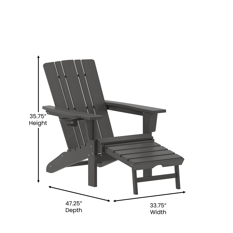Afuera Living Plastic Adirondack Chair with Ottoman and Cupholder in Gray