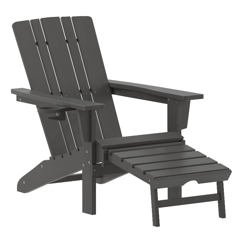 Afuera Living Plastic Adirondack Chair with Ottoman and Cupholder in Gray