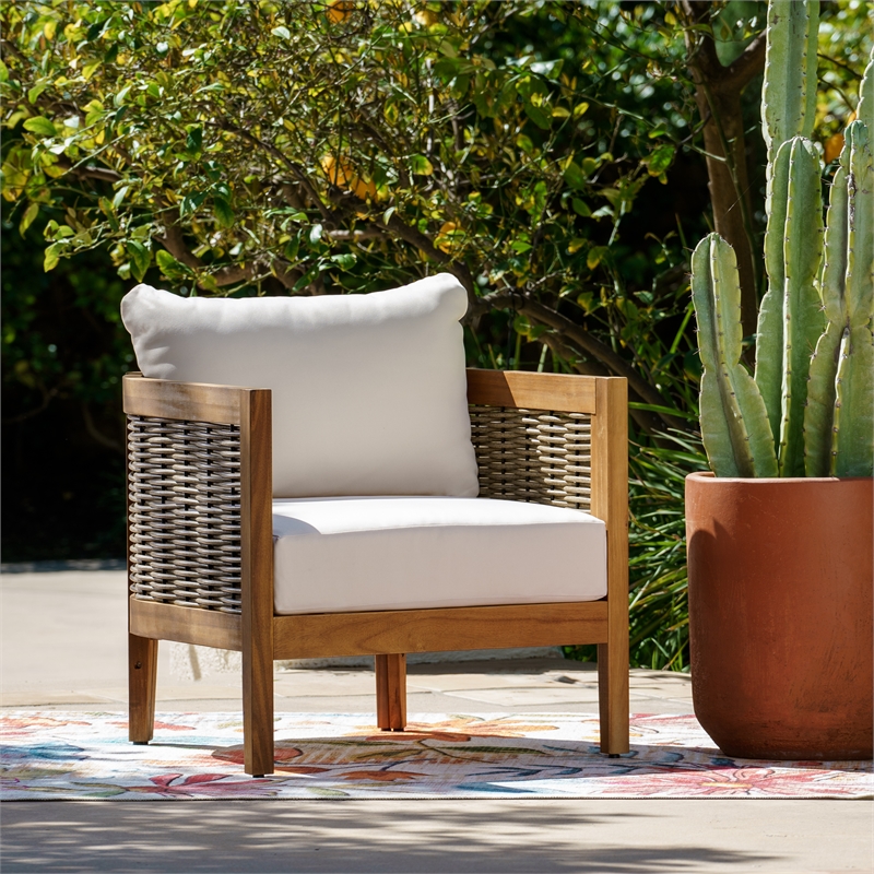 Afuera Living Acacia Wood Club Chair with Beige Cushions Coastal Design