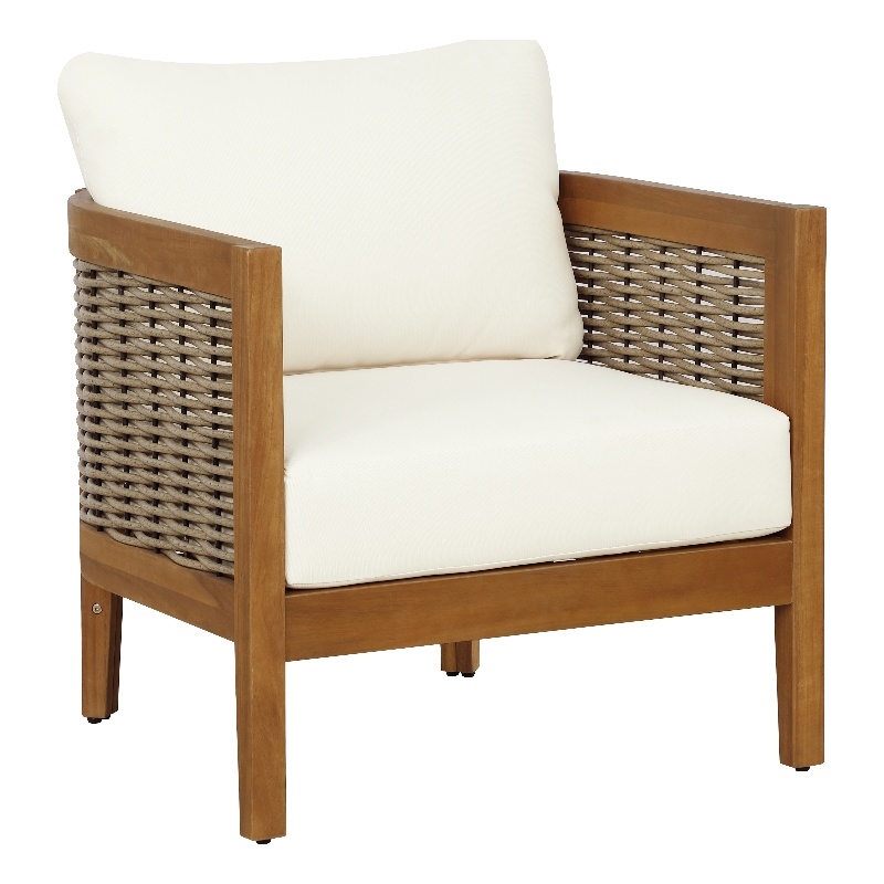 Afuera Living Acacia Wood Club Chair with Beige Cushions Coastal Design