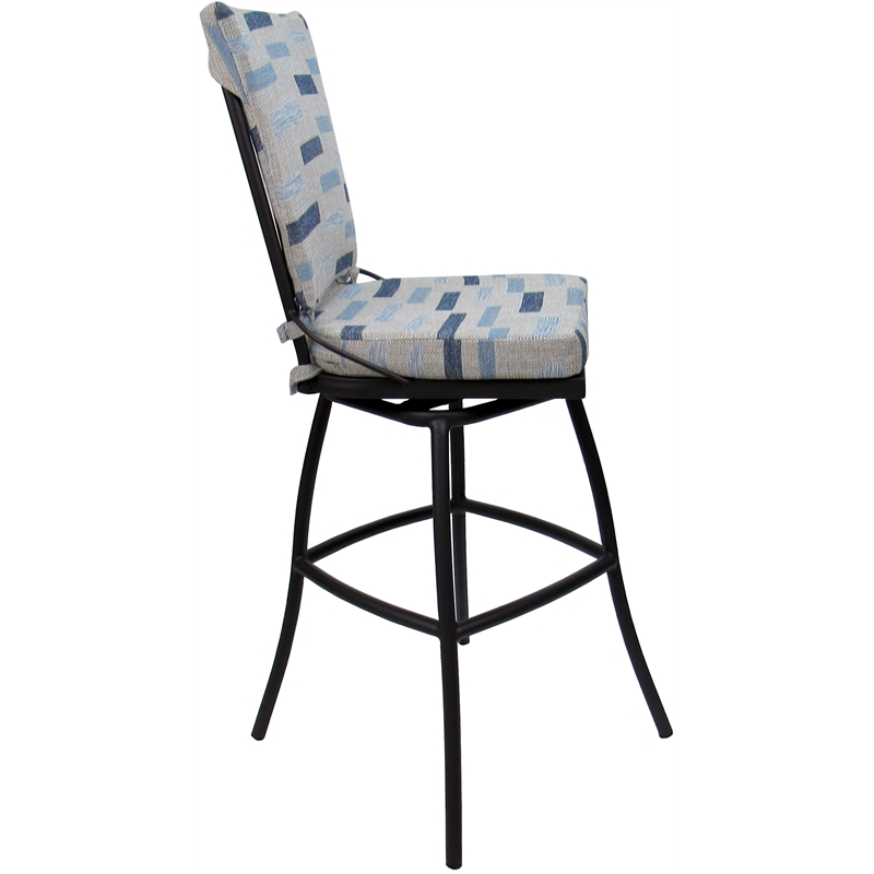 Afuera Living Extra Tall Bar Stool in Blue Beige Fabric and Black Frame