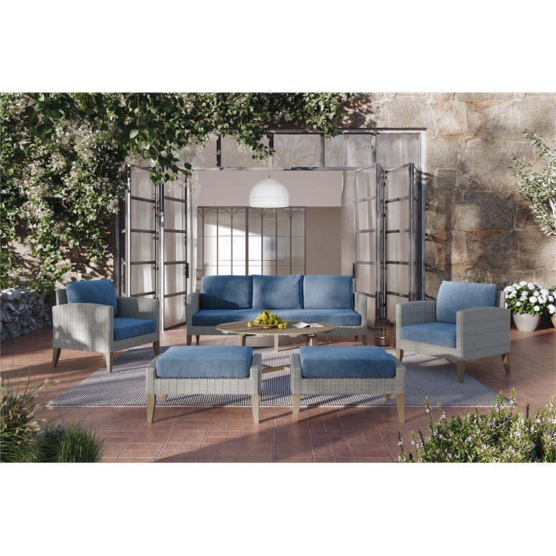 Afuera Living Carezza 6-Piece Patio Set with Acacia Wood and Dark Blue Fabric