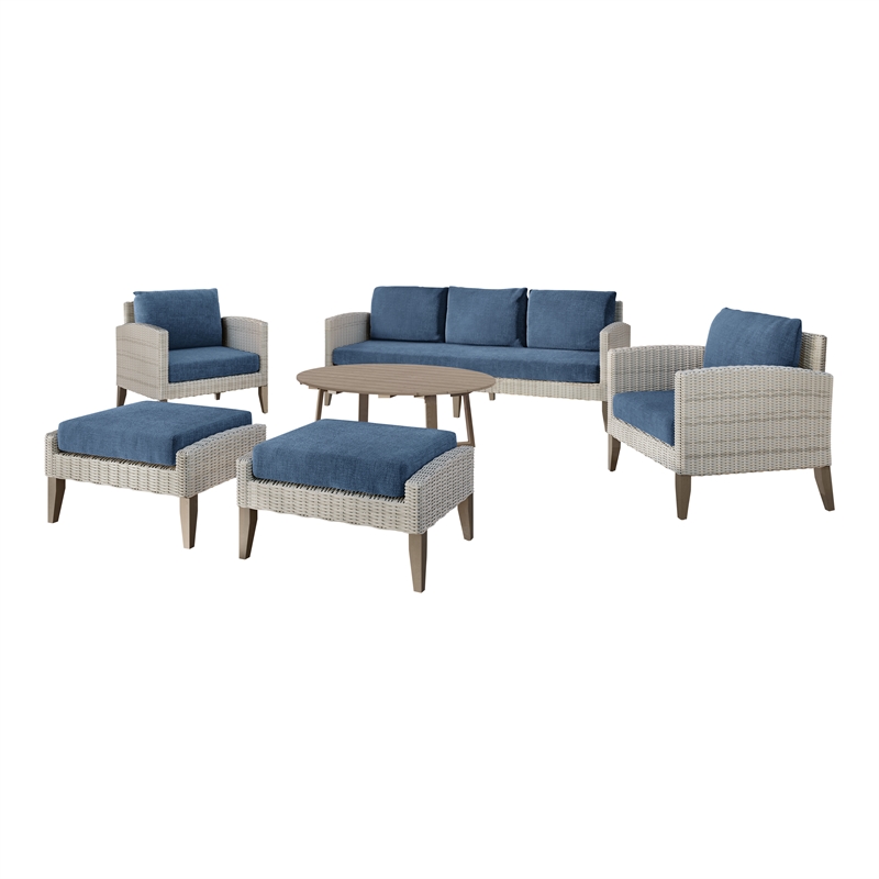Afuera Living Carezza 6-Piece Patio Set with Acacia Wood and Dark Blue Fabric