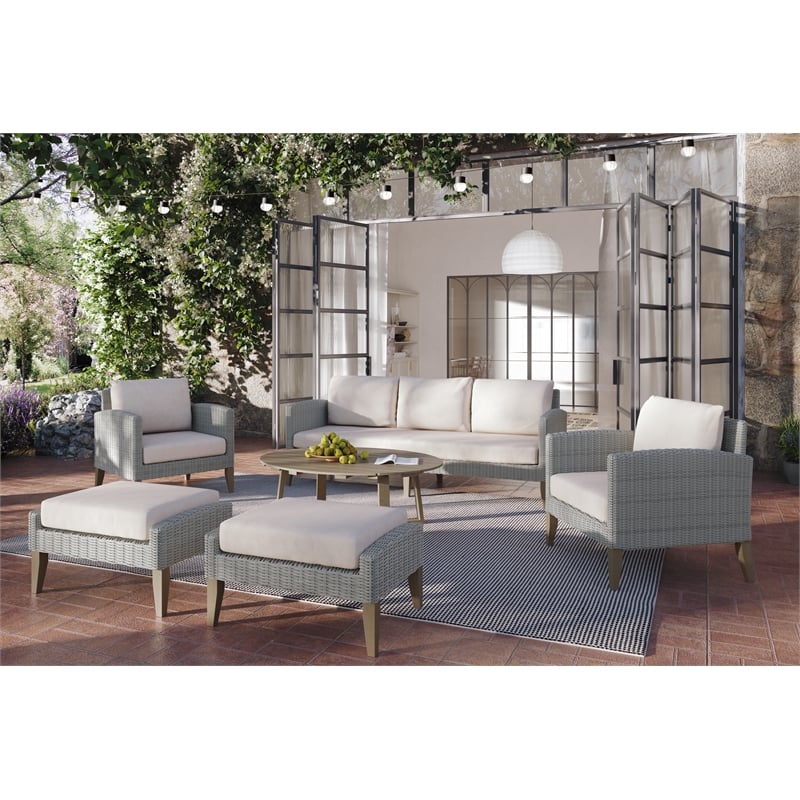 Afuera Living 6-Piece Patio Wood and Wicker Set in Taupe Fabric