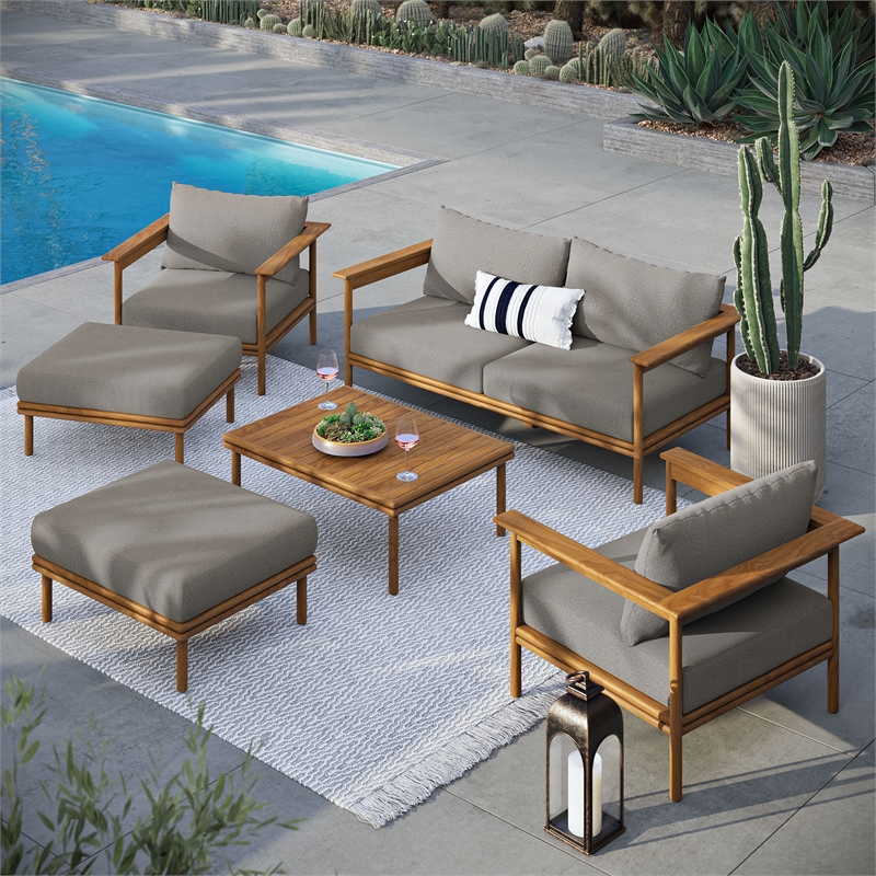 Afuera Living 6-Piece Teak Patio Set with Natural Finish and Cushions