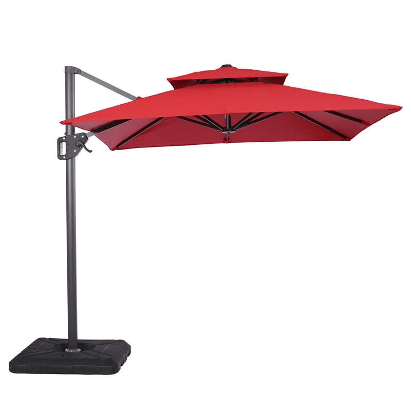 Afuera Living Aluminum LED Red Double Top Square Umbrella with Solar Panel