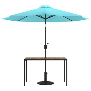 Afuera Living 30x48 Metal Patio Table with Faux Teak Top and Teal Umbrella