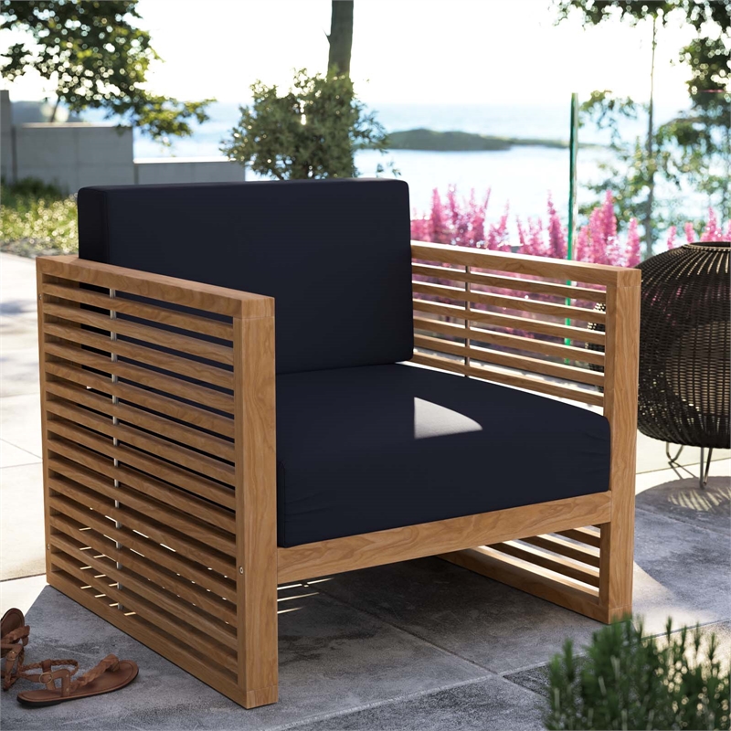 Afuera Living Teak Patio Armchair with Navy Cushions and Natural Finish