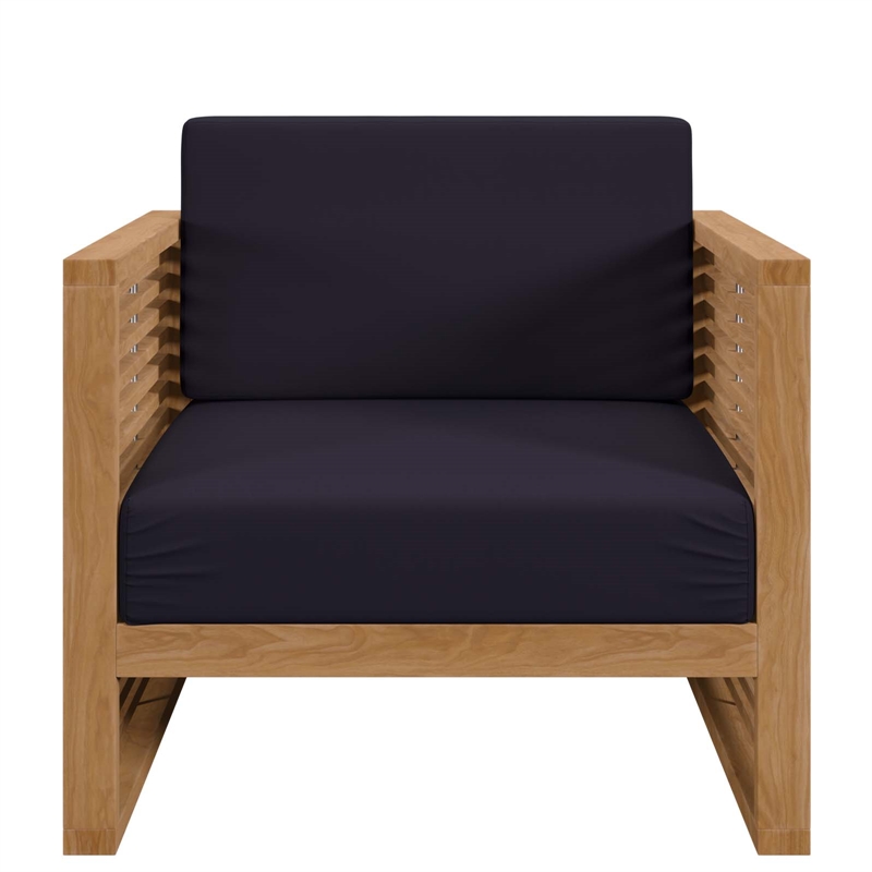 Afuera Living Teak Patio Armchair with Navy Cushions and Natural Finish