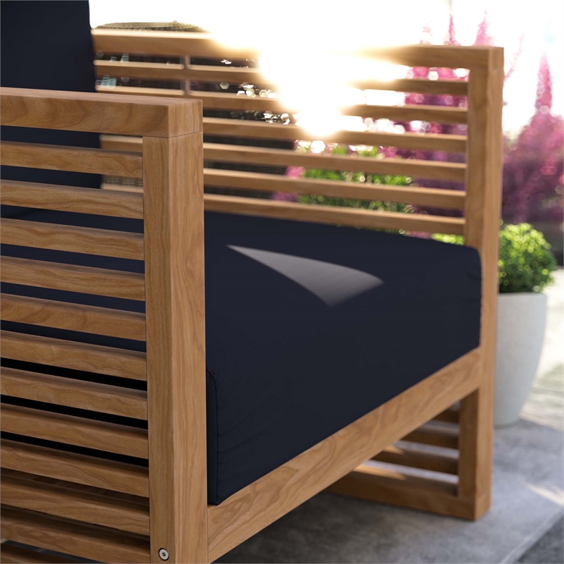 Afuera Living Teak Patio Armchair with Navy Cushions and Natural Finish