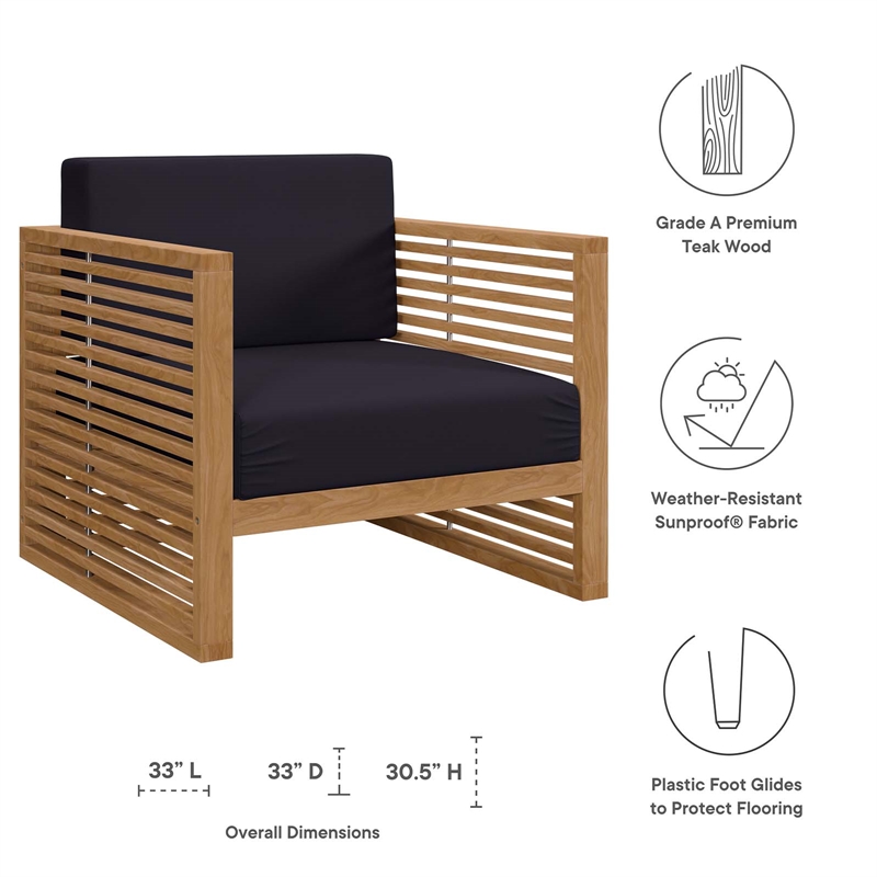 Afuera Living Teak Patio Armchair with Navy Cushions and Natural Finish