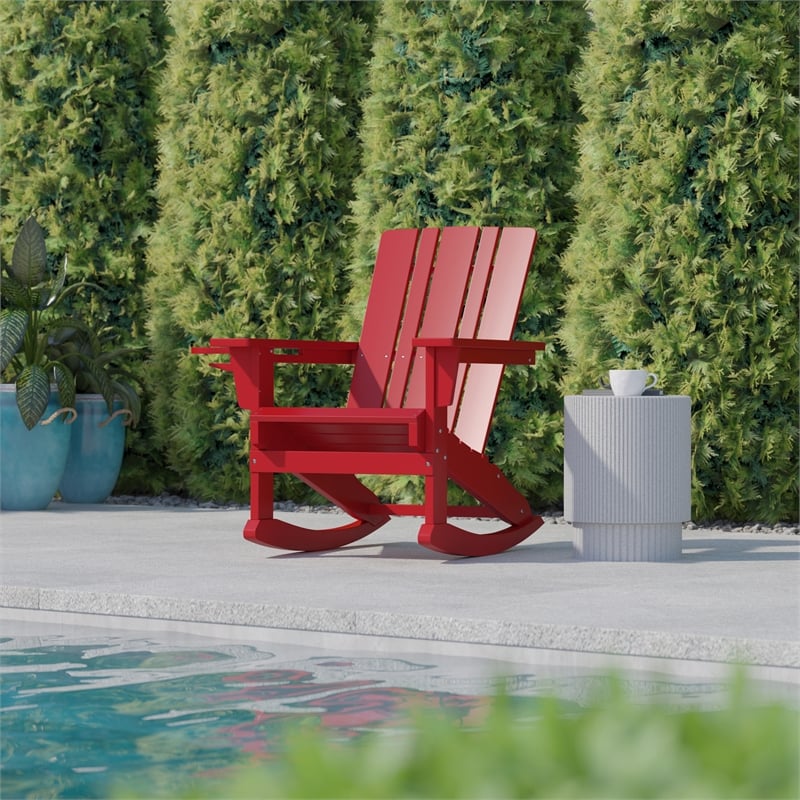 Afuera Living Plastic Rocking Adirondack Chair with Cupholder in Red