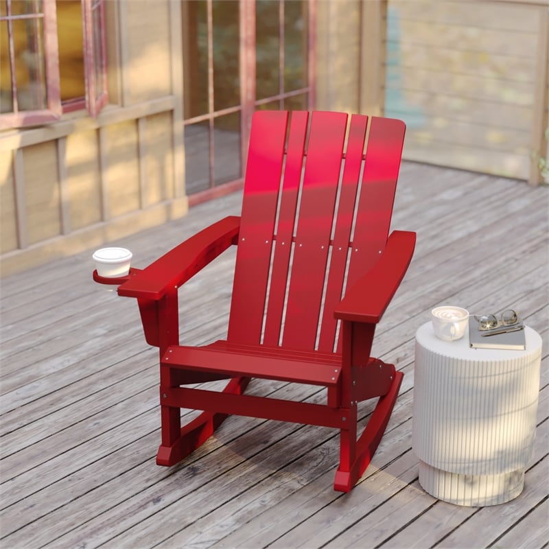 Afuera Living Plastic Rocking Adirondack Chair with Cupholder in Red