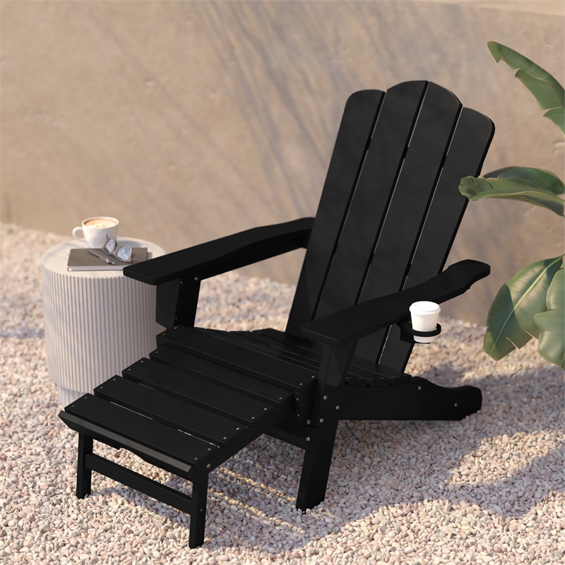 Afuera Living Plastic Adirondack Chair with Ottoman in Black