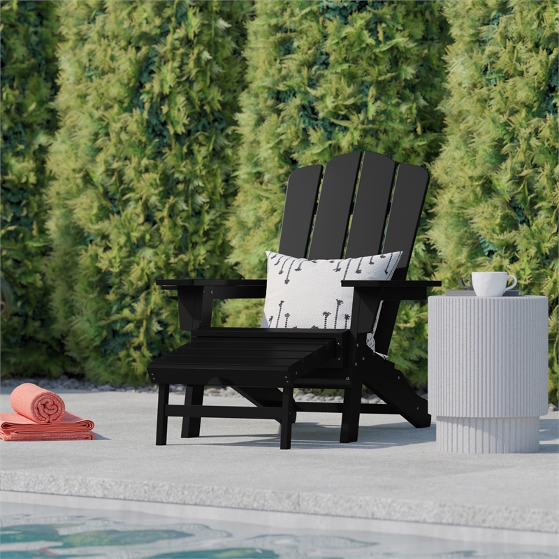 Afuera Living Plastic Adirondack Chair with Ottoman in Black