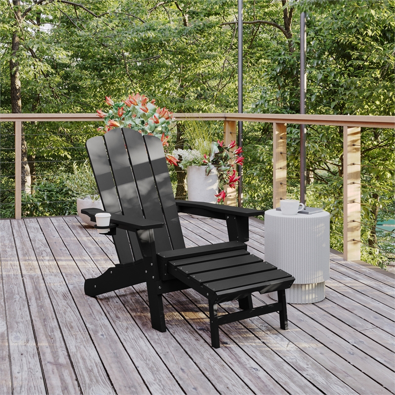 Afuera Living Plastic Adirondack Chair with Ottoman in Black
