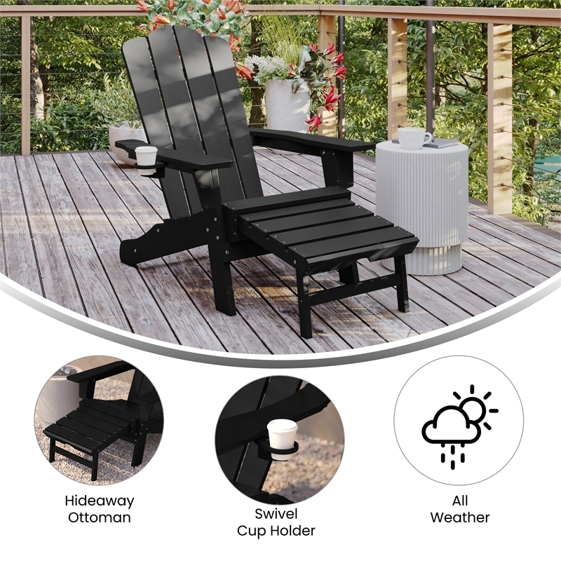 Afuera Living Plastic Adirondack Chair with Ottoman in Black