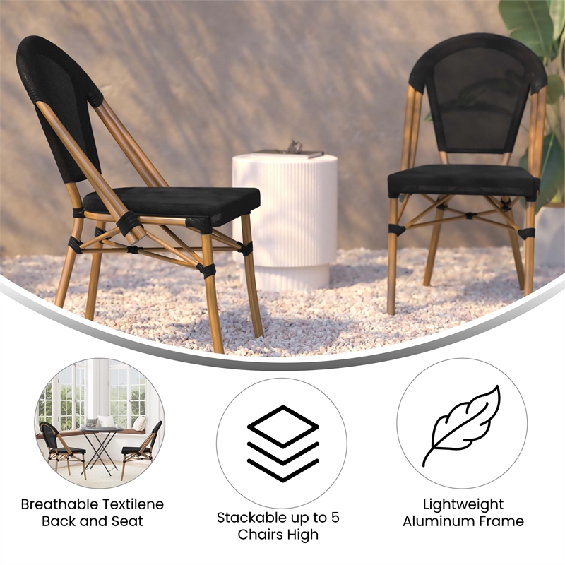 Afuera Living Aluminum Bistro Chair with Fabric Seat in Black and Natural