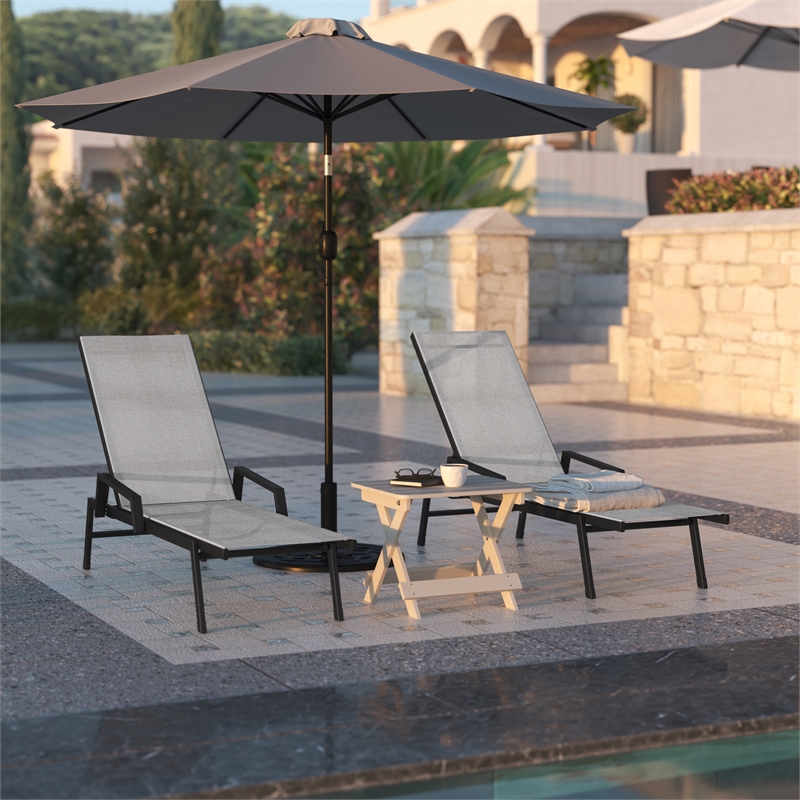 Afuera Living 5-Position Metal Chaise Lounge Chair with Arms in Gray and Black