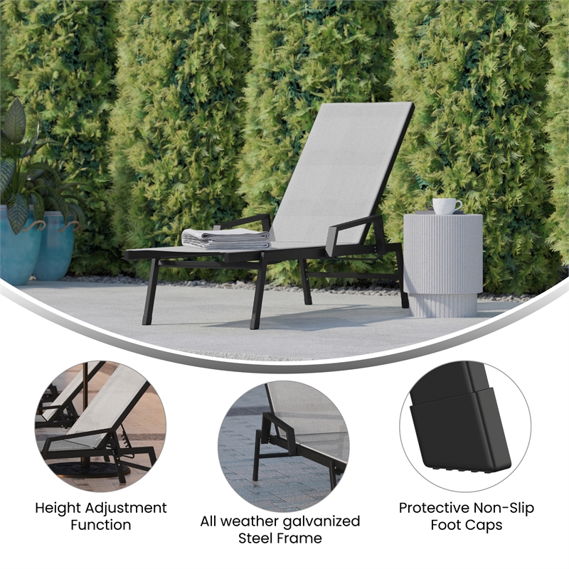 Afuera Living 5-Position Metal Chaise Lounge Chair with Arms in Gray and Black