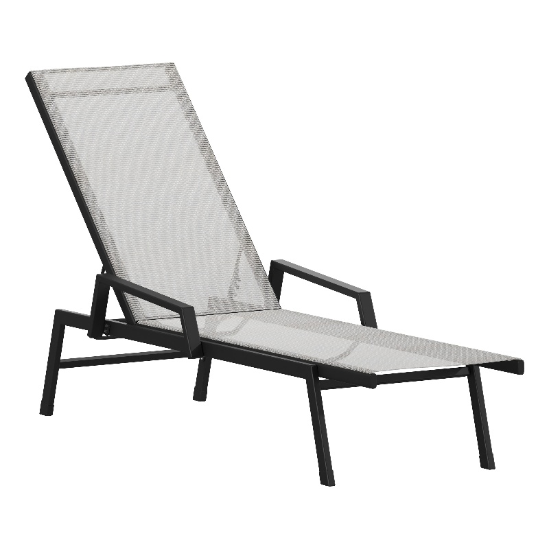 Afuera Living 5-Position Metal Chaise Lounge Chair with Arms in Gray and Black