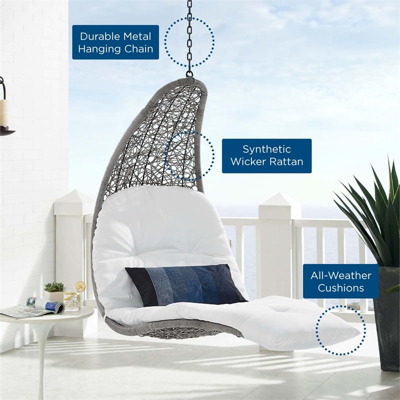 Afuera Living Rattan Patio Hanging Chaise Lounge Swing Chair in Light Gray White